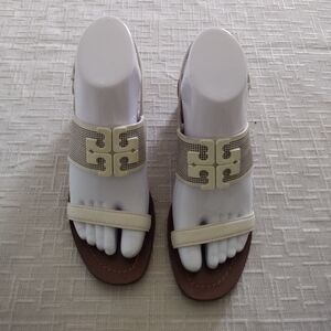 Tory Burch Lowell 2 Perforated Leather Sandal White Ivory Size 6 Preowned Logo